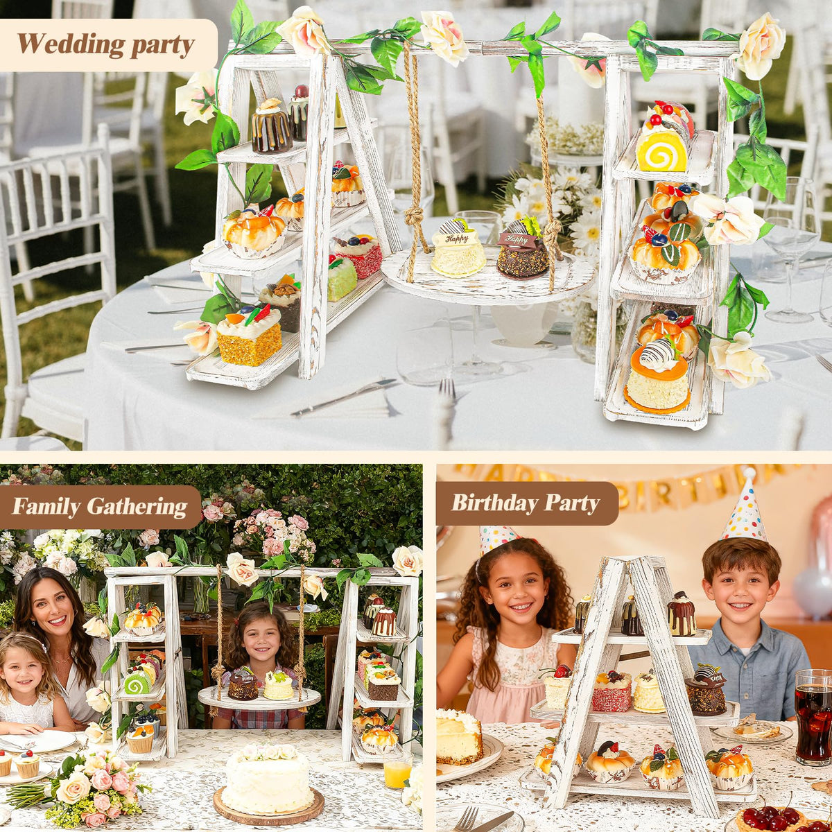 Wisreach Wooden 3 Tier Cupcake Stand with Swing and Flower Decoration Serving Removable Tray Display Serving Ladder Foldable Stand with Serving Platter Tray Party Food Display Set for Cake Snack Fruit Chips Bread Centerpieces Catering