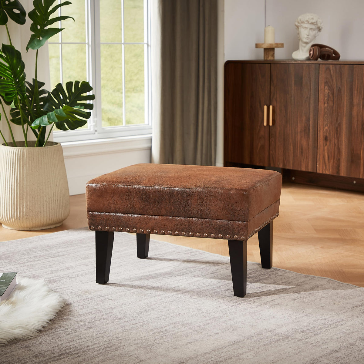 Christopher Knight Home Elber Mid-Century Modern Upholstered Ottoman Coffee Table, Small Living Room Sofa Footrest, Wooden Rectangular Ottoman Footstool, Brown