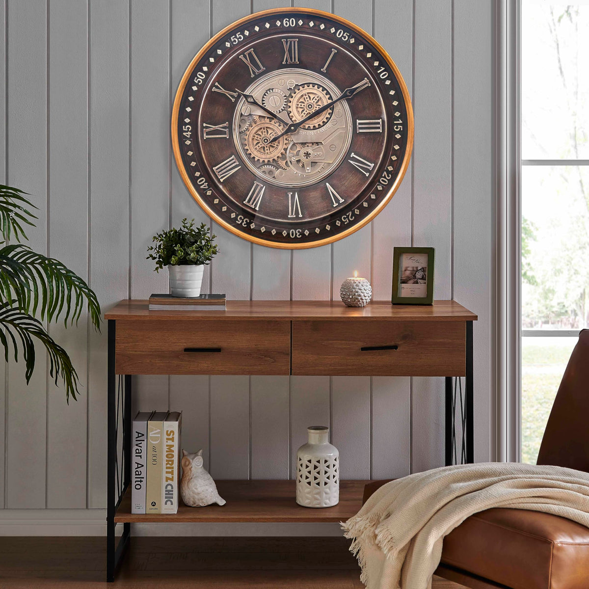 CLXEAST 24 Inch Wall Clock with Moving Gears,Oversized Large Industrial Steampunk Style, Antique Gold Metal Roman Numeral Wall Clocks for Farmhouse Living Room Decor