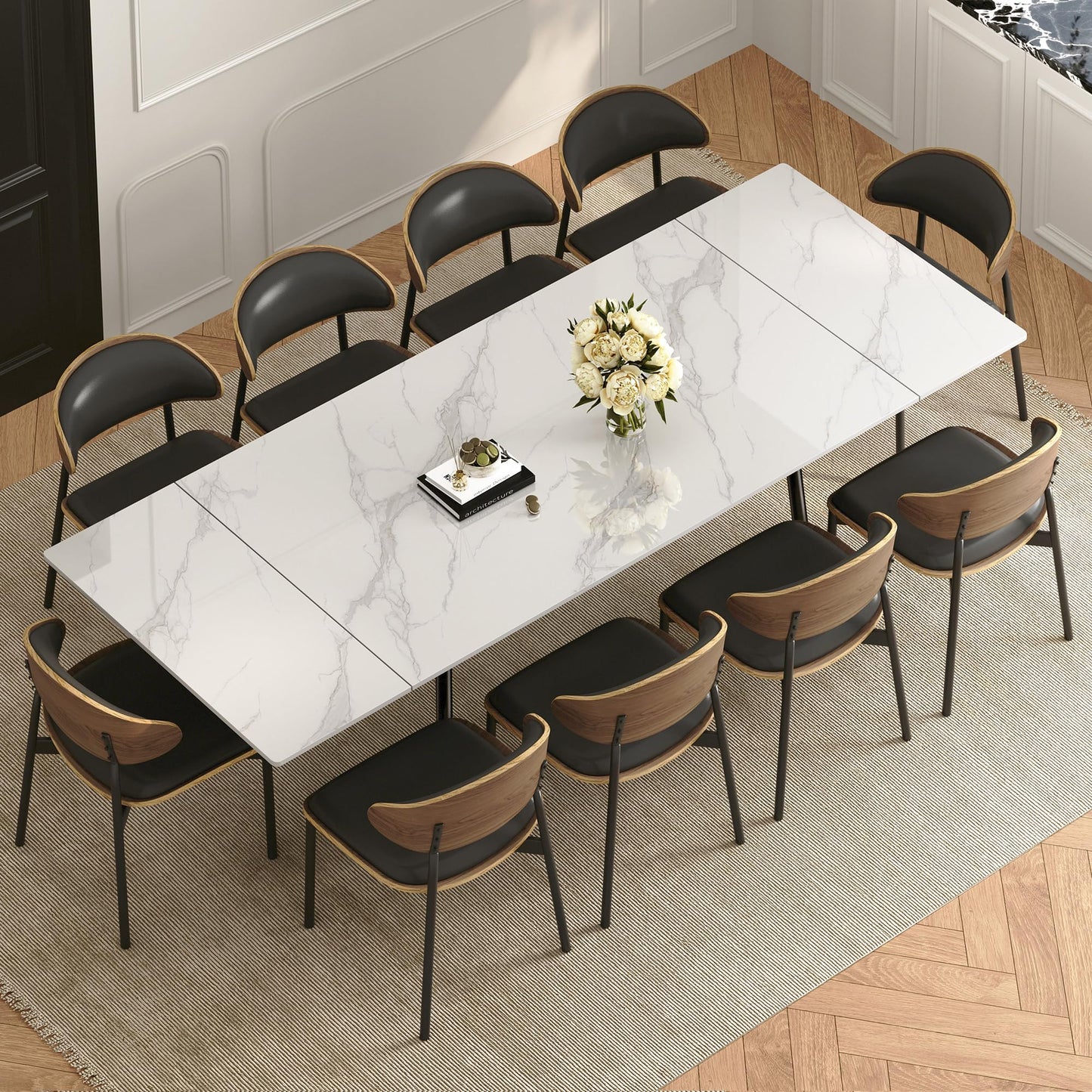 gaoyangjiaju 62.9"-94.4" Modern Extendable Dining Table for 6 to 10 Seats, Rectangular Sintered Stone Table with High Hardness and Easy Maintenance for Dining Room Family Gathering, White Top