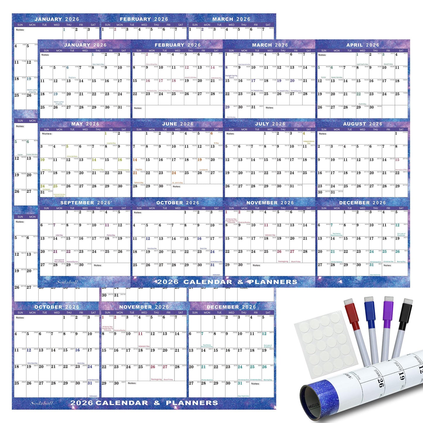 24" x 36" 2026 Wall Calendar Dry Erase - Large Starry Sky Calendar Wet & Dry Erasable Laminated 12 Month Annual Yearly Planner, Reversible, Horizontal/Vertical (2026 Wall Calendar)