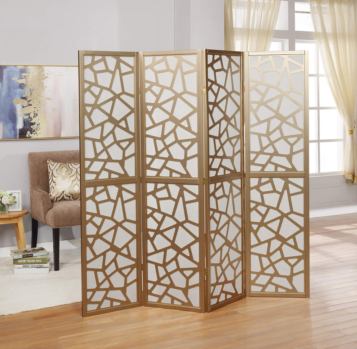 Roundhill Furniture Giyano 4 Panel Screen Room Divider, White Screen with Gold Frame
