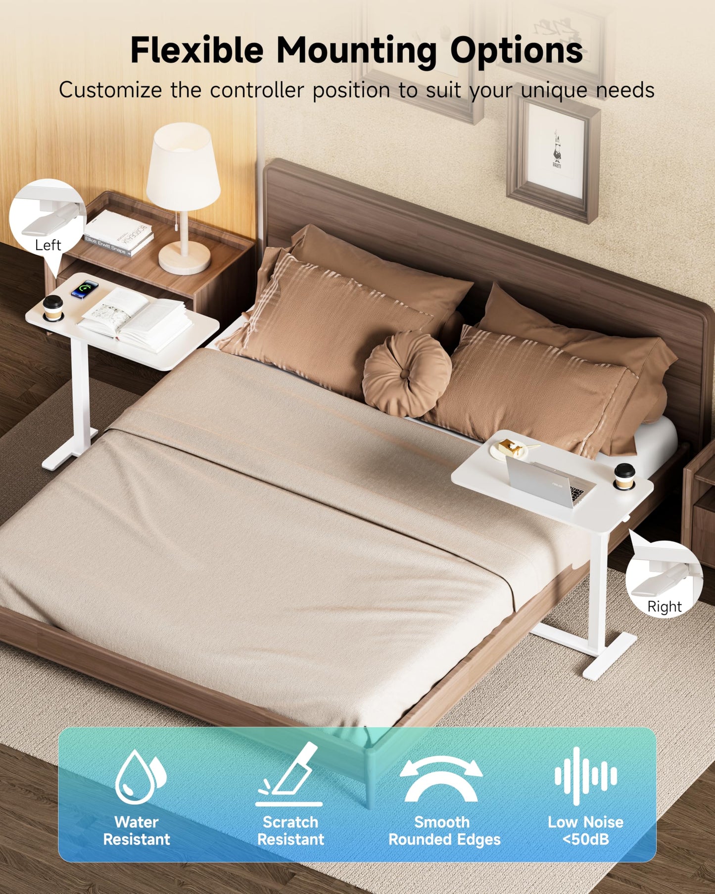 BIZUM Adjustable Bedside Table with Swivel Hidden Wheels Pneumatic Rolling Desk Mobile Standing Desk with Cup Holder for Hospital Home(27.6"x15.8" White)