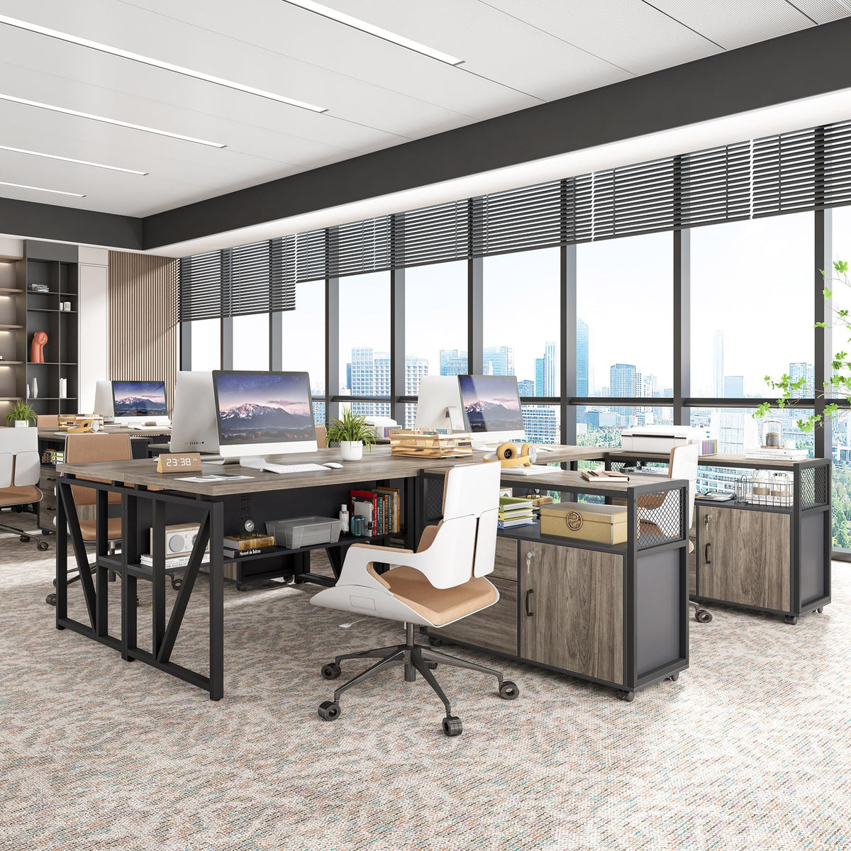 Tribesigns Grey Executive Desk with Cabinet, 55" L Shaped Computer Desk and lateral File Cabinet with Locks, 2 Piece Home Office Furniture Set for Hanging