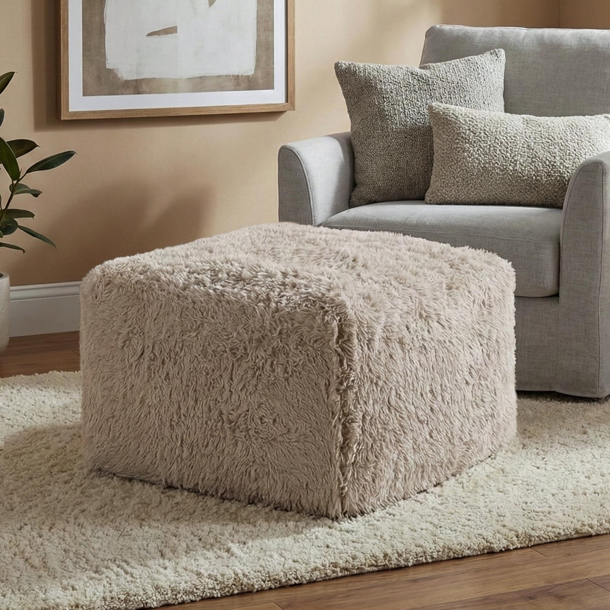Furniture of America Havyn Modern Faux Fur 1-Seater Square Modular Foam Ottoman, Compressed Couch in a Box, No Assembly Required, for Living Room and Office, Taupe