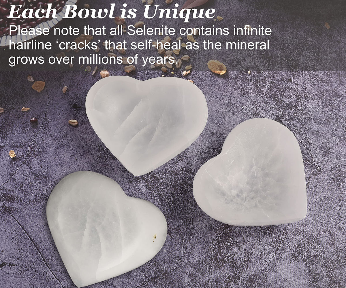 MOGEMT 4 Inch Selenite Bowl Hand-Carved Heart Shape Selenite Crystals Holder for Cleansing, Charging, Smudging, Healing, Decoration or Gift
