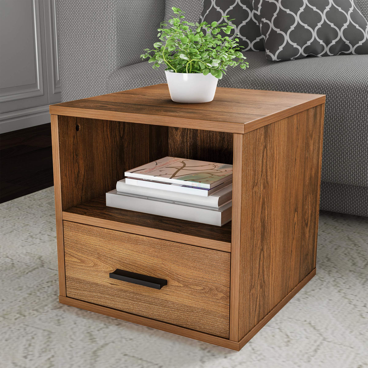 Lavish Home Side Table with Storage - Set of 2 Minimalist Modern Nightstand or End Table with Drawer - Stackable Modular Accent Furniture for Bedroom, Living Room, or Office (Brown Woodgrain)