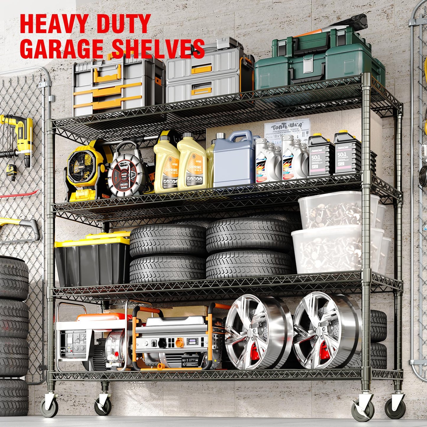 Garvee 4-Tiers Storage Shelves Heavy Duty Garage Shelving Units with Wheels 59" W x 71.8" H, 2640LBS Rolling Wire Shelving Rack, Adjustable Shelf for Garage Kitchen Warehouse Industrial Pantry