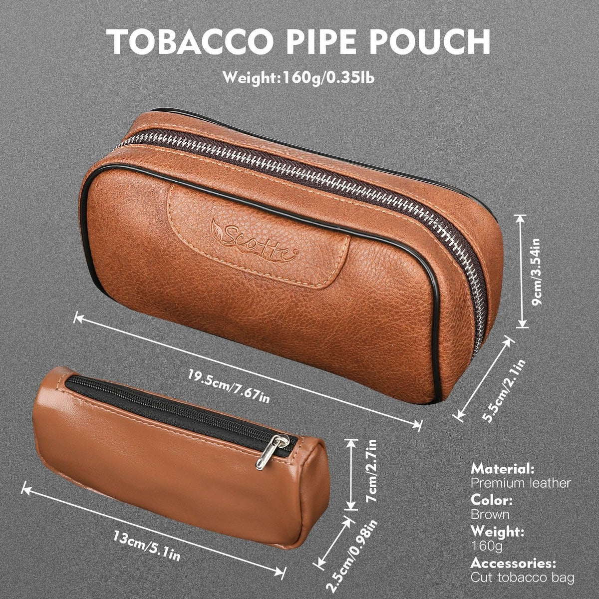 Scotte Handmade Pipe Set, Leather Pipe Pouch, Wood Pipe and Accessories (Scraper/Stand/Filter Element/Filter Ball/Small Bag/Box) (brown)