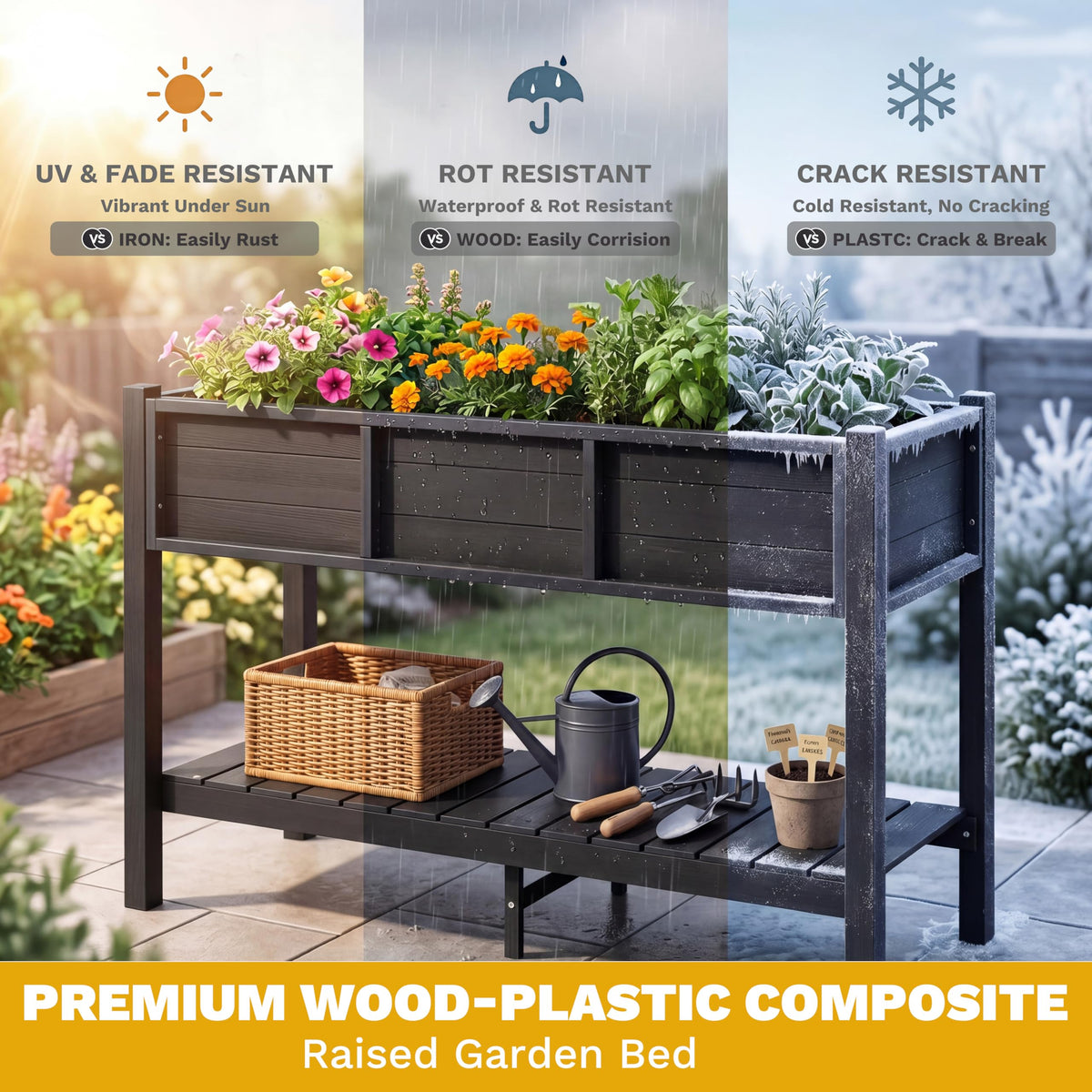 DWVO 48x18x30in Raised Garden Bed Kit, HDPE Planter Box Stand, Poly Wood Weather-Resistant Planter Box with Legs & Storage Shelf, Elevated Garden Bed for Backyard, Patio, Balcony,Black