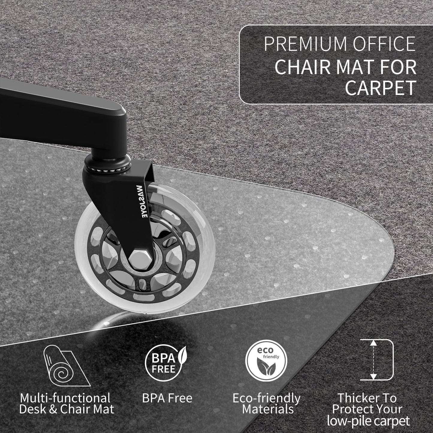 WASJOYE Office Chair Mat for Carpet, Desk Chair Mat for Carpet, Thick Computer Chair Mat with Non-Slip Studded for Home and Office Low Pile Carpet, 48" x 60"