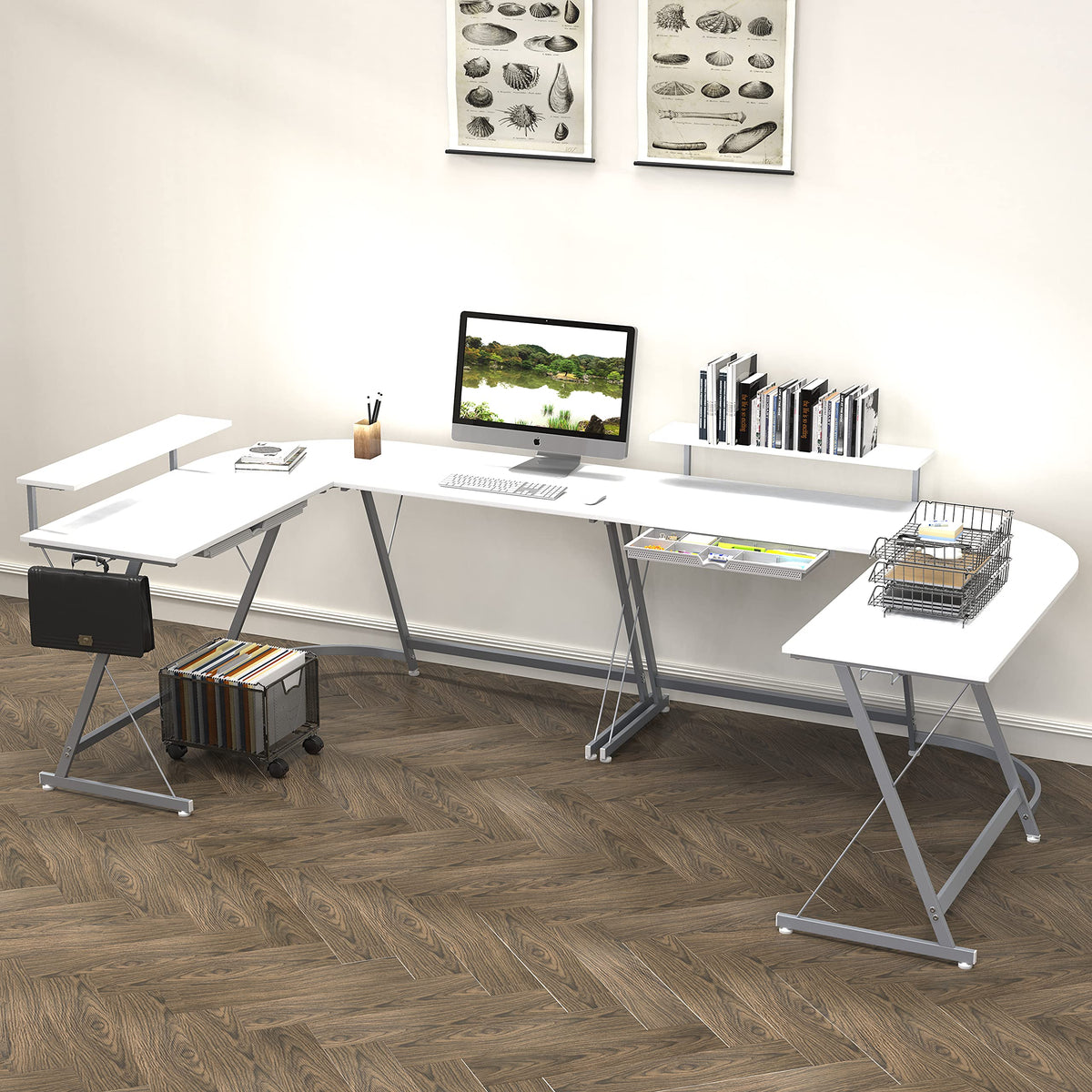 SHW 51 x 51 Inches Vista L-Shaped Desk with Monitor Stand and Drawer, White