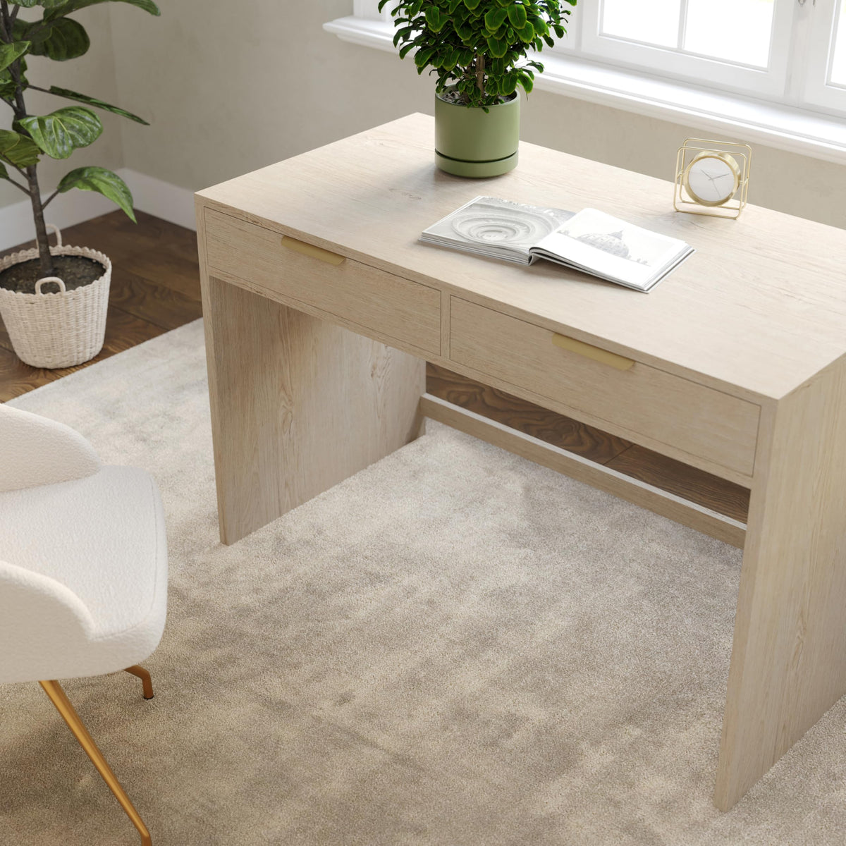 Martha Stewart Kayden Home Office Modular Desk with 2 Drawers in Light Natural with Brushed Gold Hardware