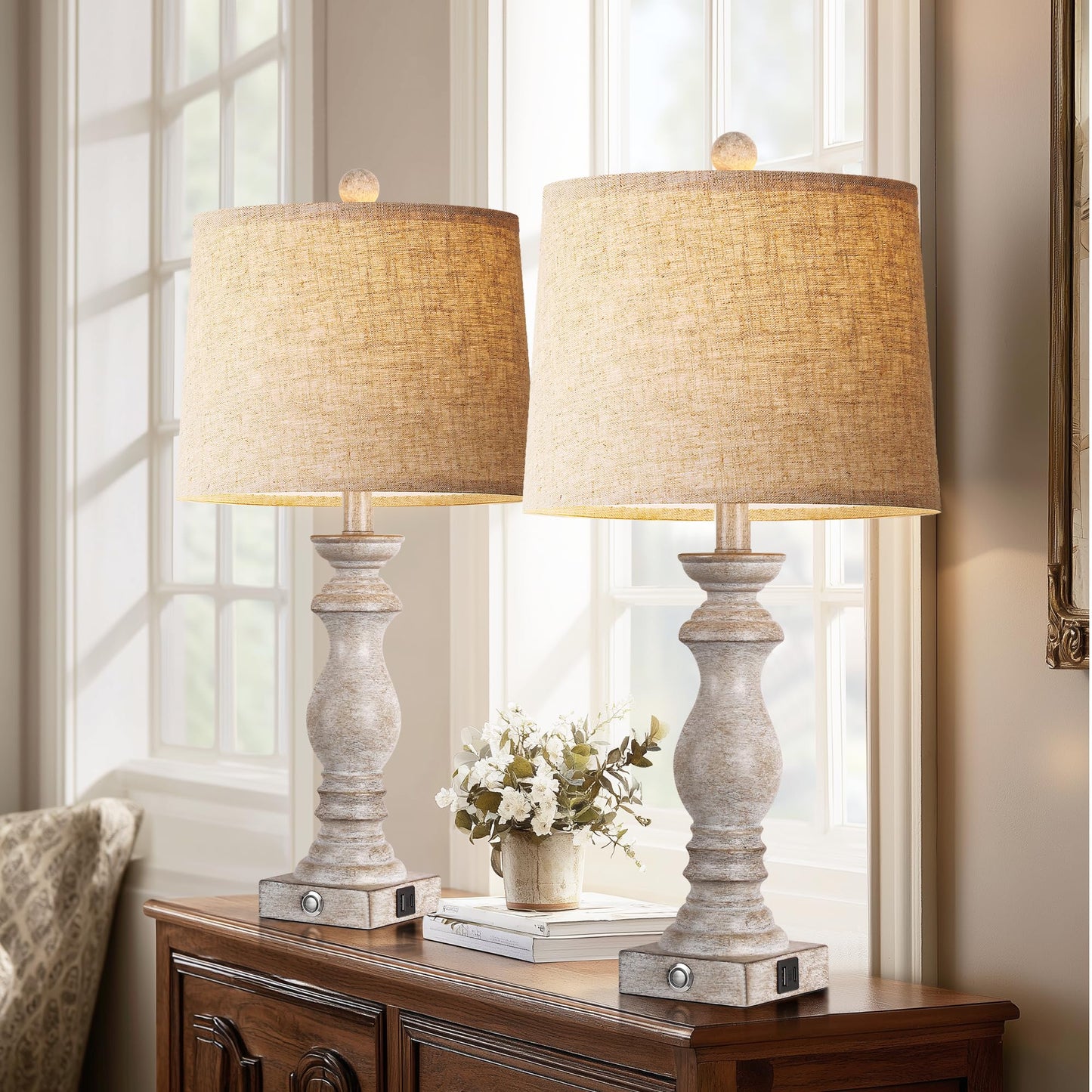 24.5" Table Lamp Set of 2, Rustic Farmhouse Bedside Lamps with USB A+C Charging Ports, 3-Way Dimmable Touch Control Nightstand Lamps for Living Room Bedroom, Antique Grey White, LED Bulbs Included
