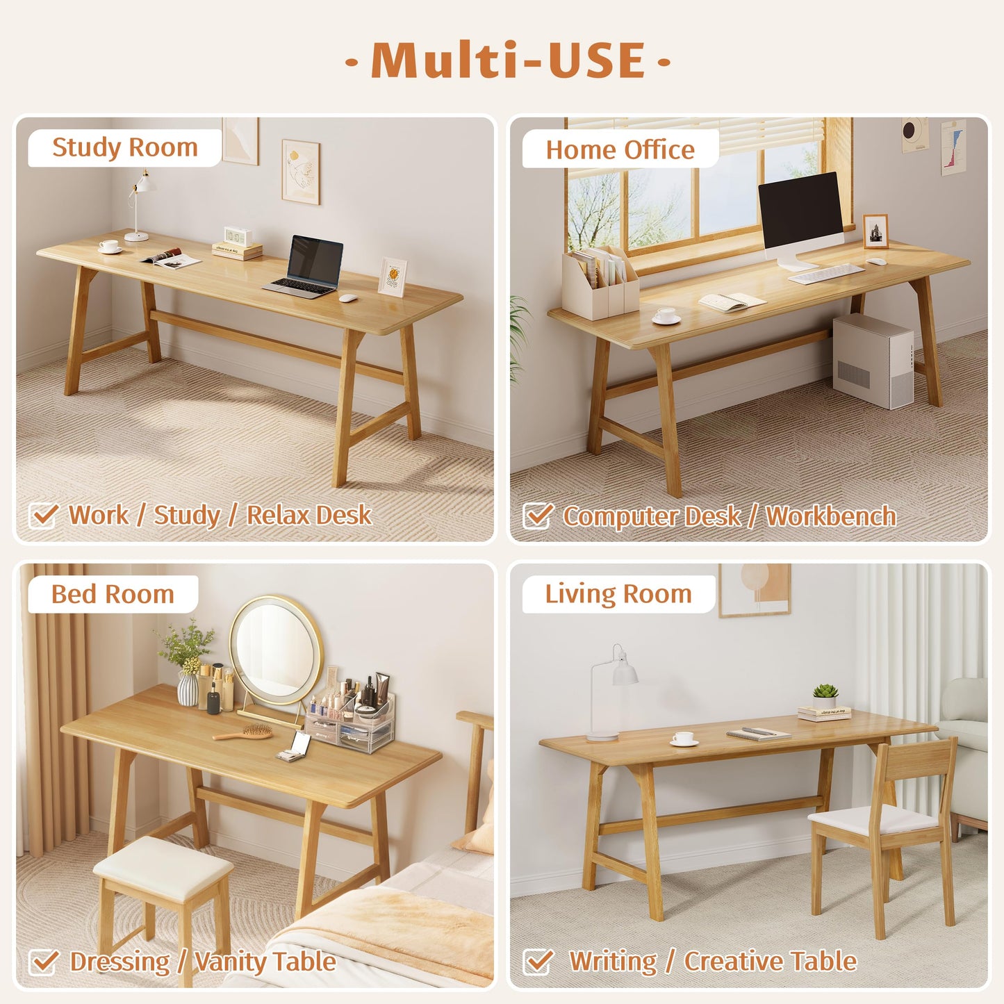 IOTXY Solid Wood Writing Table - 60" W x 24" D Minimalist Computer Desk for Home Office, Work, Study, Creativity, and PC Workstation, Oak
