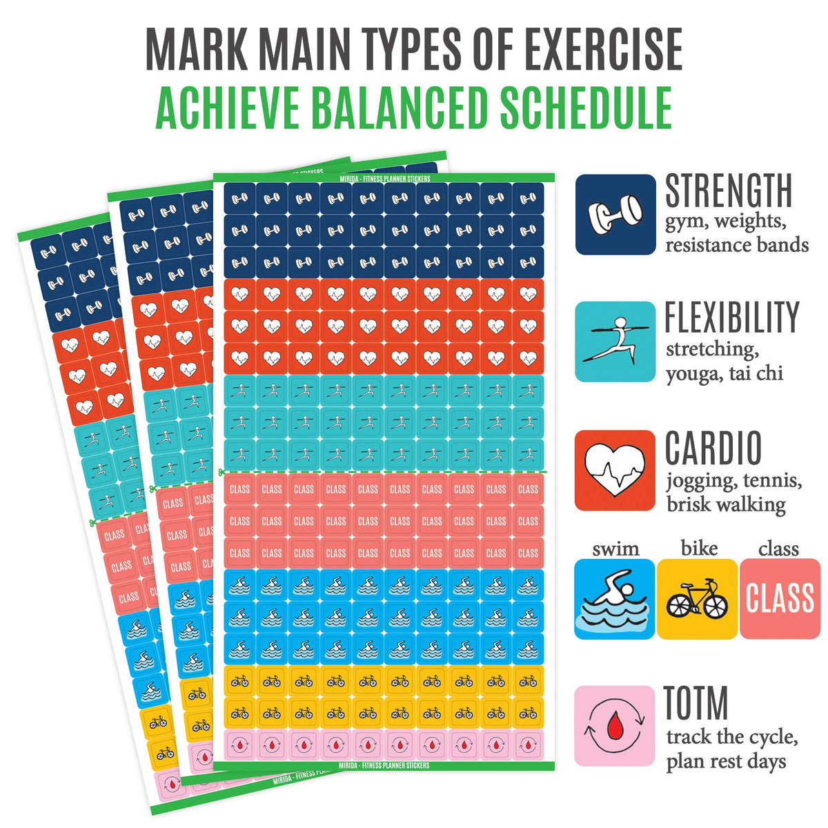 Mirida Planner Stickers - Fitness Pack of 2076 Mini Icons for Workout, Healthy Diet, Gym Exercise, and Habits - for Calendar and Journal