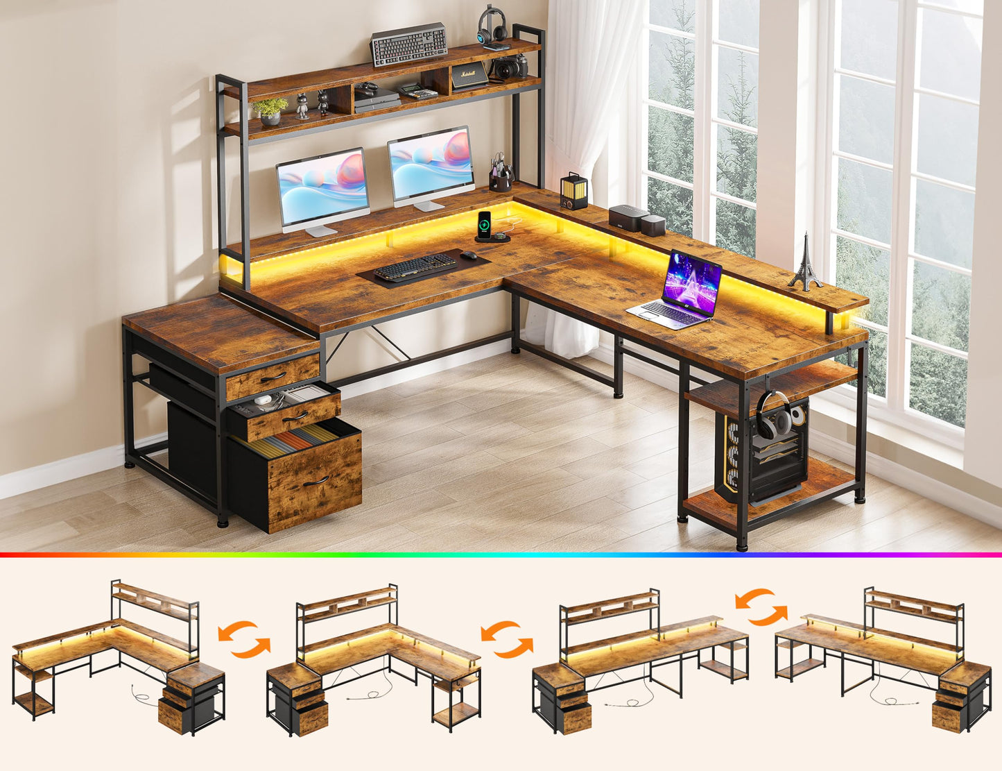 EnHomee 64 x 60 Inch L Shaped Desk with Hutch and Drawers,Reversible Gaming Desk with Power Outlet & Monitor Stand & LED Lights,Computer Corner Desk,Two Person Office Desk for Living,Bedroom,Brown