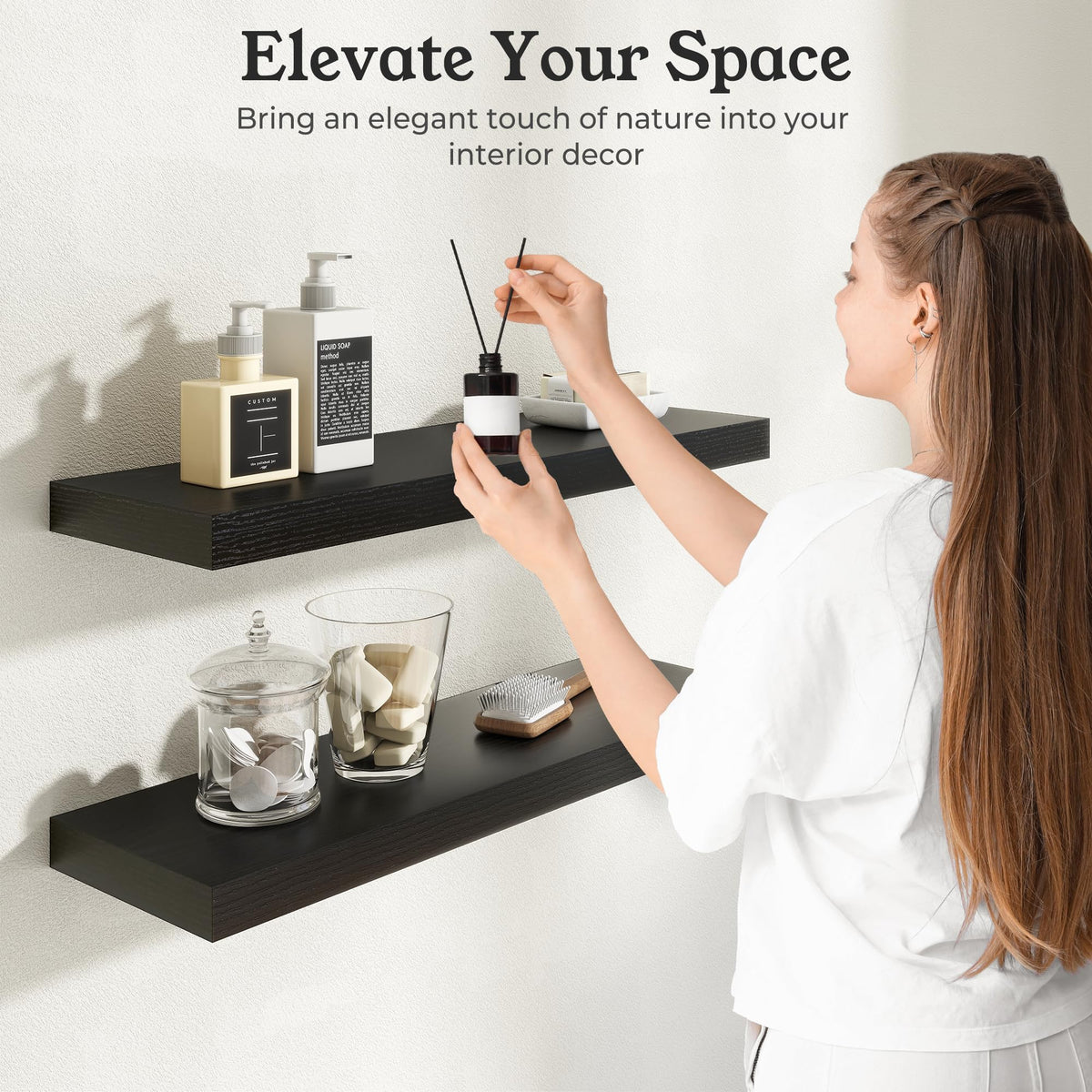 Ornawit Floating Shelves for Wall, 9.3" Deep Wall Mounted Wood Shelves for Bathroom, Bedroom, Living Room, Kitchen, Hanging Shelf for Books/Storage/Room Decor (Black, 24")