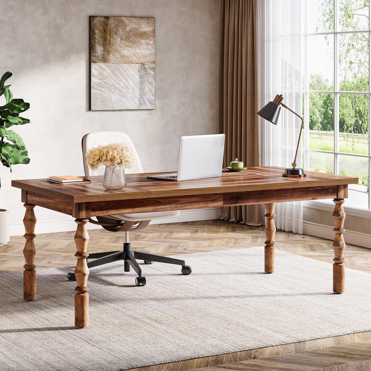 Tribesigns Large Executive Office Desk, 62.2-Inch Farmhouse Modern Computer Desk, Mid Century Study Writing Table Workstations Business Office Furniture with Carved Turned Legs (Walnut)
