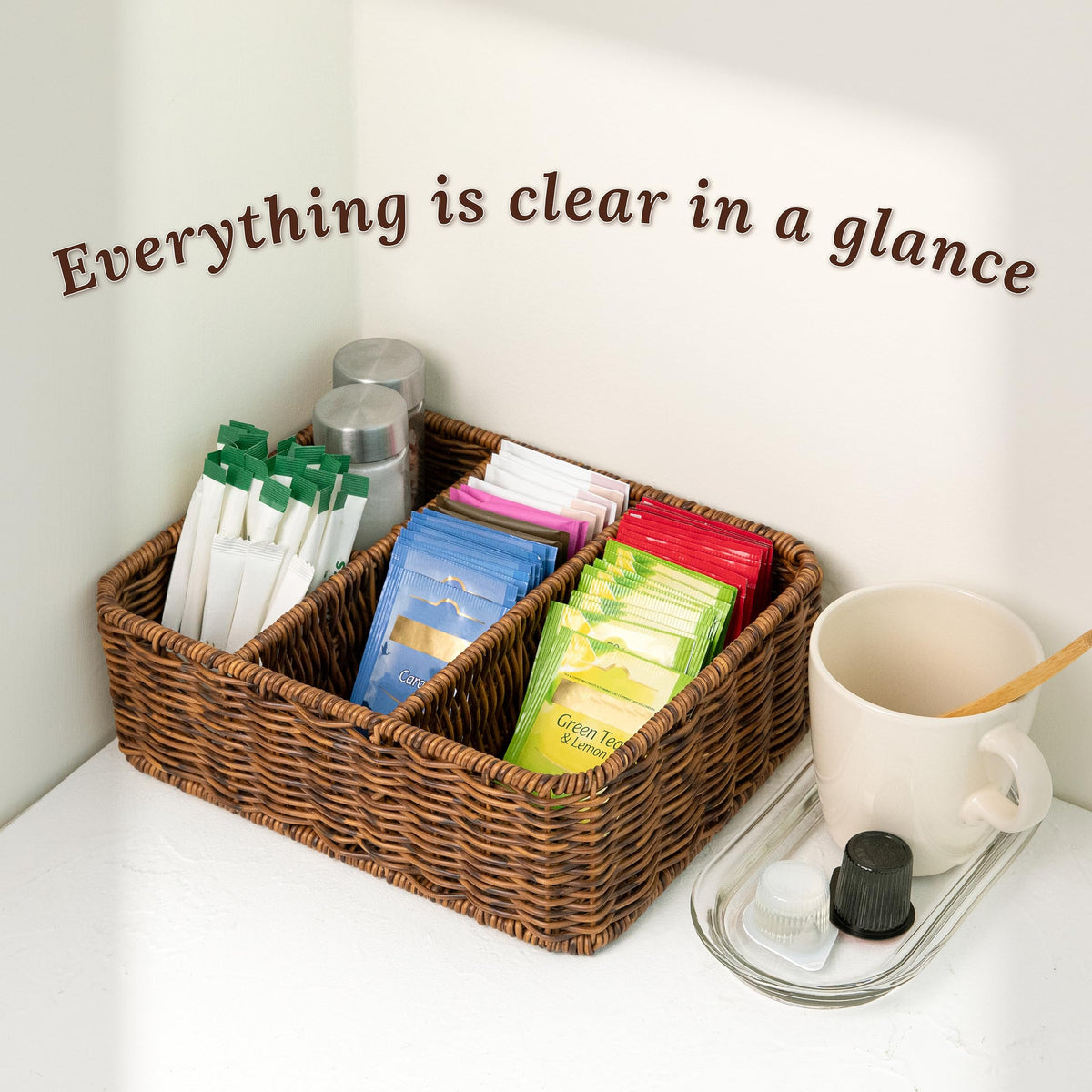 WeeNest Tea Bag Holder Organizer, Sugar Packet Holder, Teabag Basket, Coffee Bar Organizer, Coffee Condiment Accessories, Tea Packet Storage Container for Countertop, Resin Wicker, Toffee