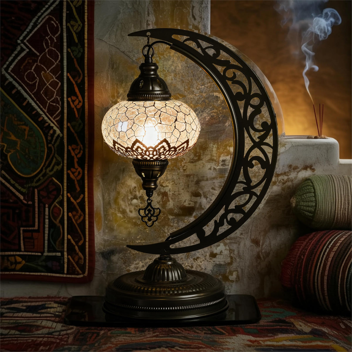 Mozaist Turkish Lamp, Unique Lamps, Moon Shaped Mosaic Table Lamp, Moroccan Handmade Antique Bohemian Vintage Lamp Shade, Tiffany Desk Bedside Stained Glass Lamp with US Plug and E12 Socket