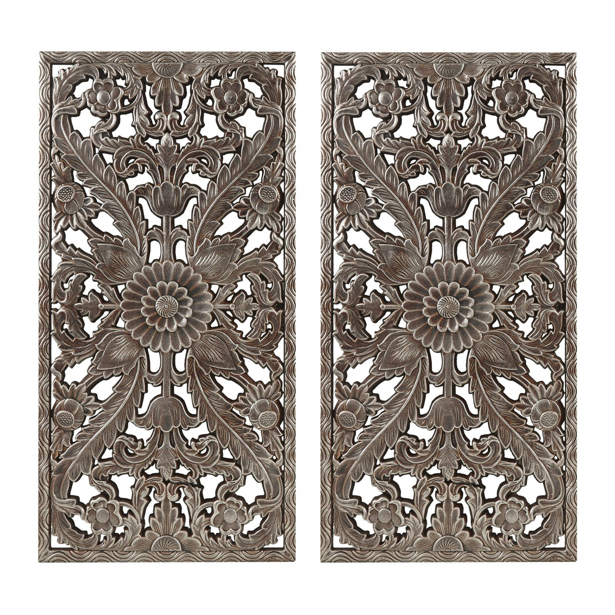 Madison Park Wall Art Living Room Décor - Floral Antiqued Wooden Carving Wall Decor Panel, Silver Embellished, Ready to Hang Wall Decor for Bedroom, 15.75"W x 31.5"L x 0.59"D, Bronze, 2 Piece