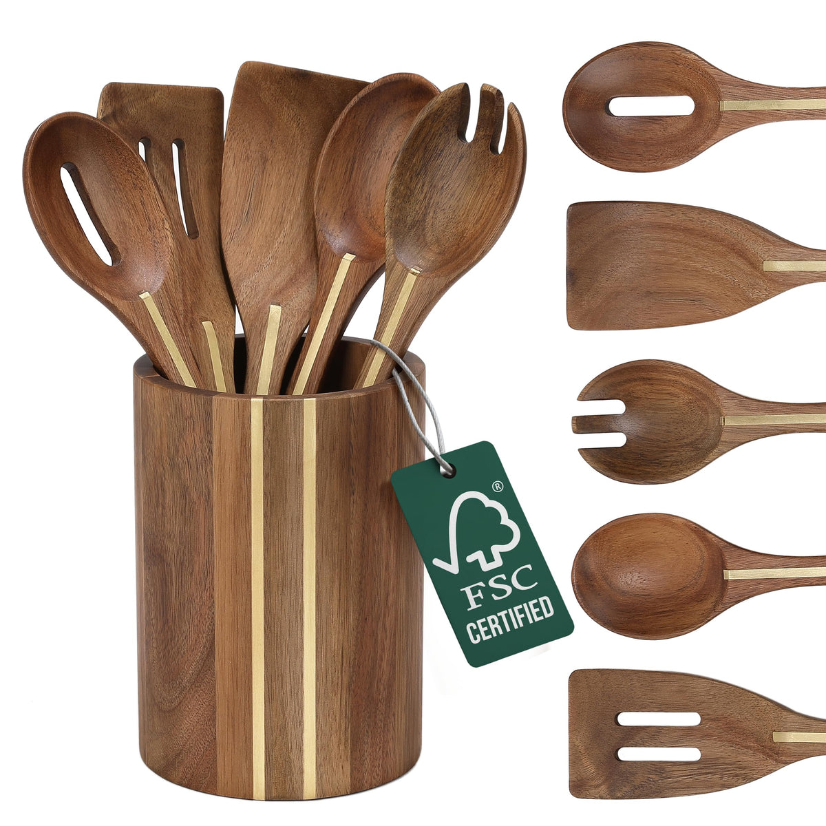 Acacia Utensil Set of 5 with Holder – Premium Wooden Cooking Utensils, Eco Friendly Acacia Wood Spatula & Spoon Set, Nonstick Safe Kitchen Tools