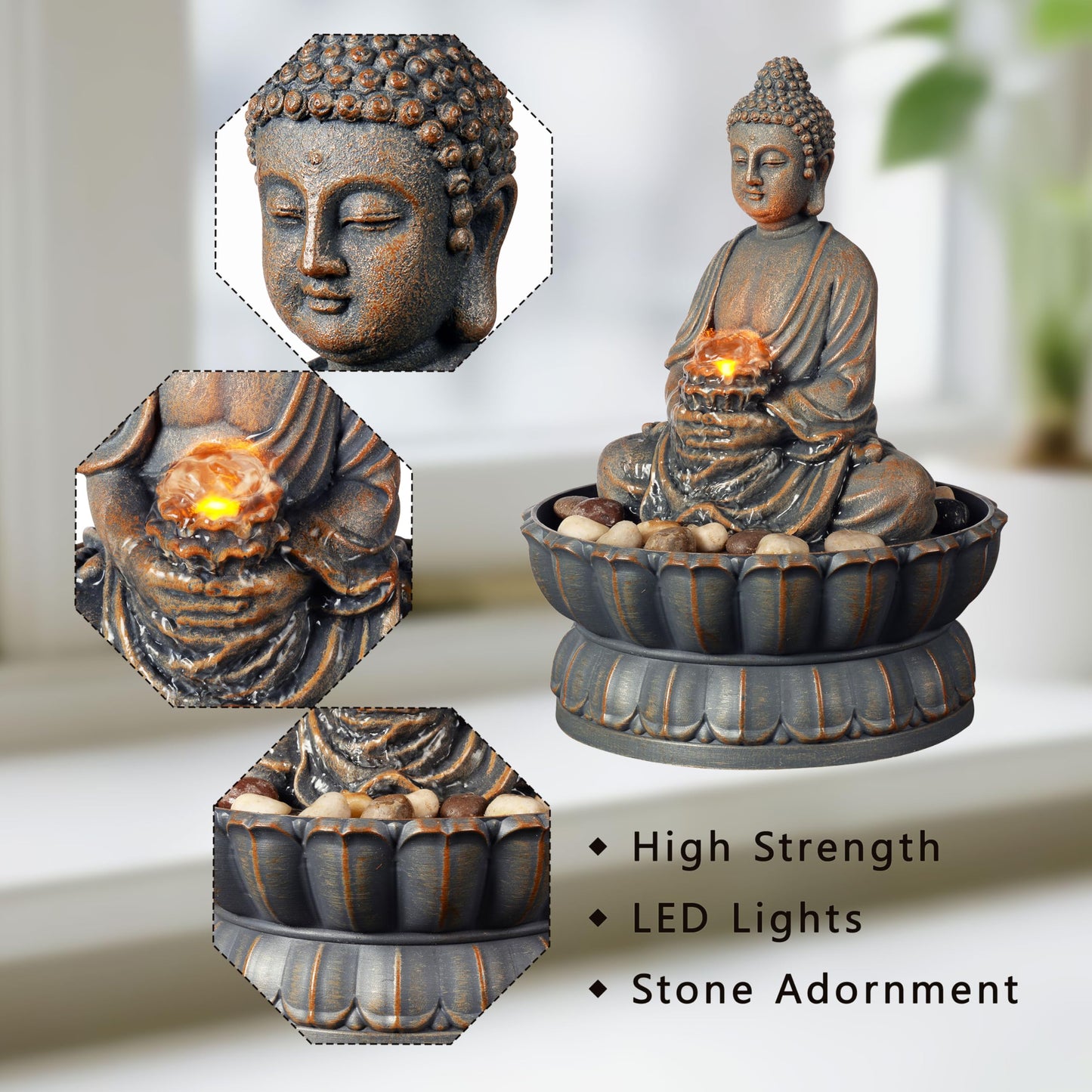 Kalona Home Décor 9.6" Tabletop Fountain Exquisite Smile Sitting Buddha Fountains Desk Water Fountain Decorative Zen Fountain w/Reflective Lighting/Cobblestone Office and Home Decor(21125A)