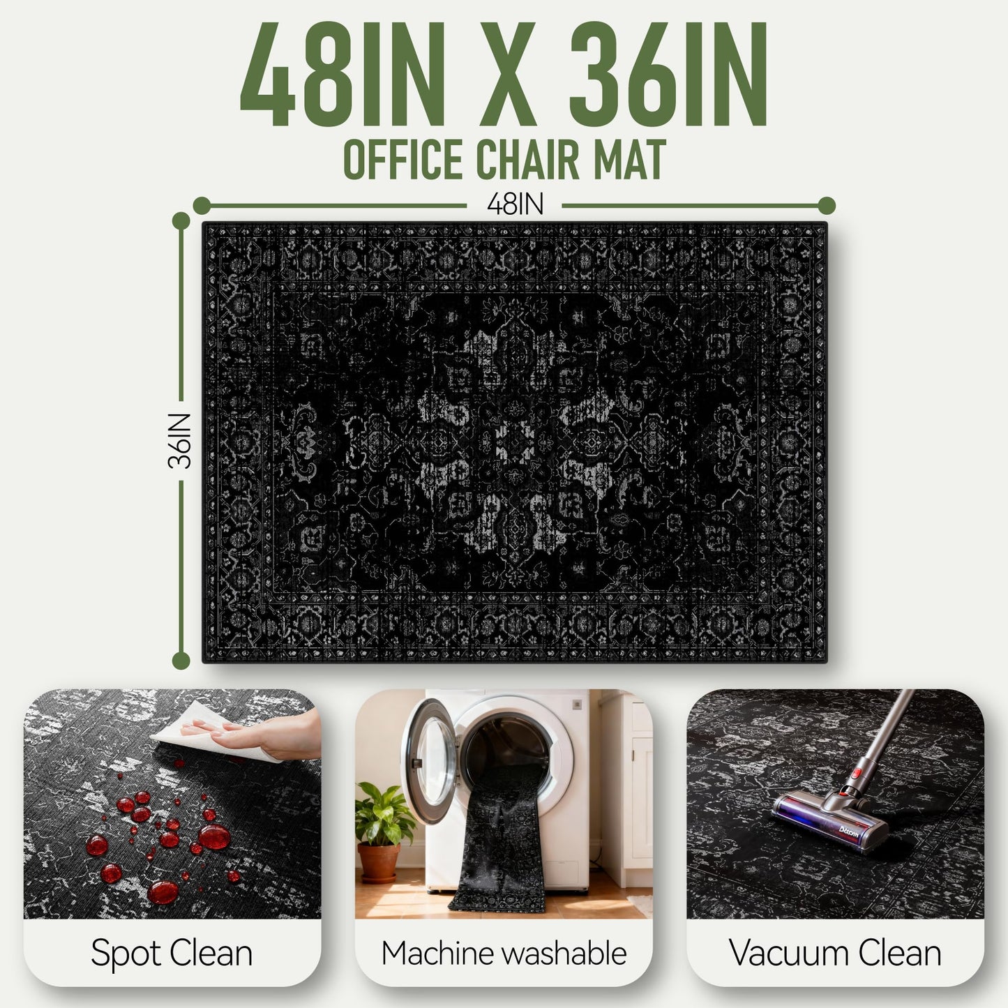 Office Chair Mat for Hardwood Floor, 36"x48" Desk Chair Mat for Home Office, Non-Slip Under Desk Mat for Rolling Chair,Washable Chair Rugs for Gaming Chairs-Black