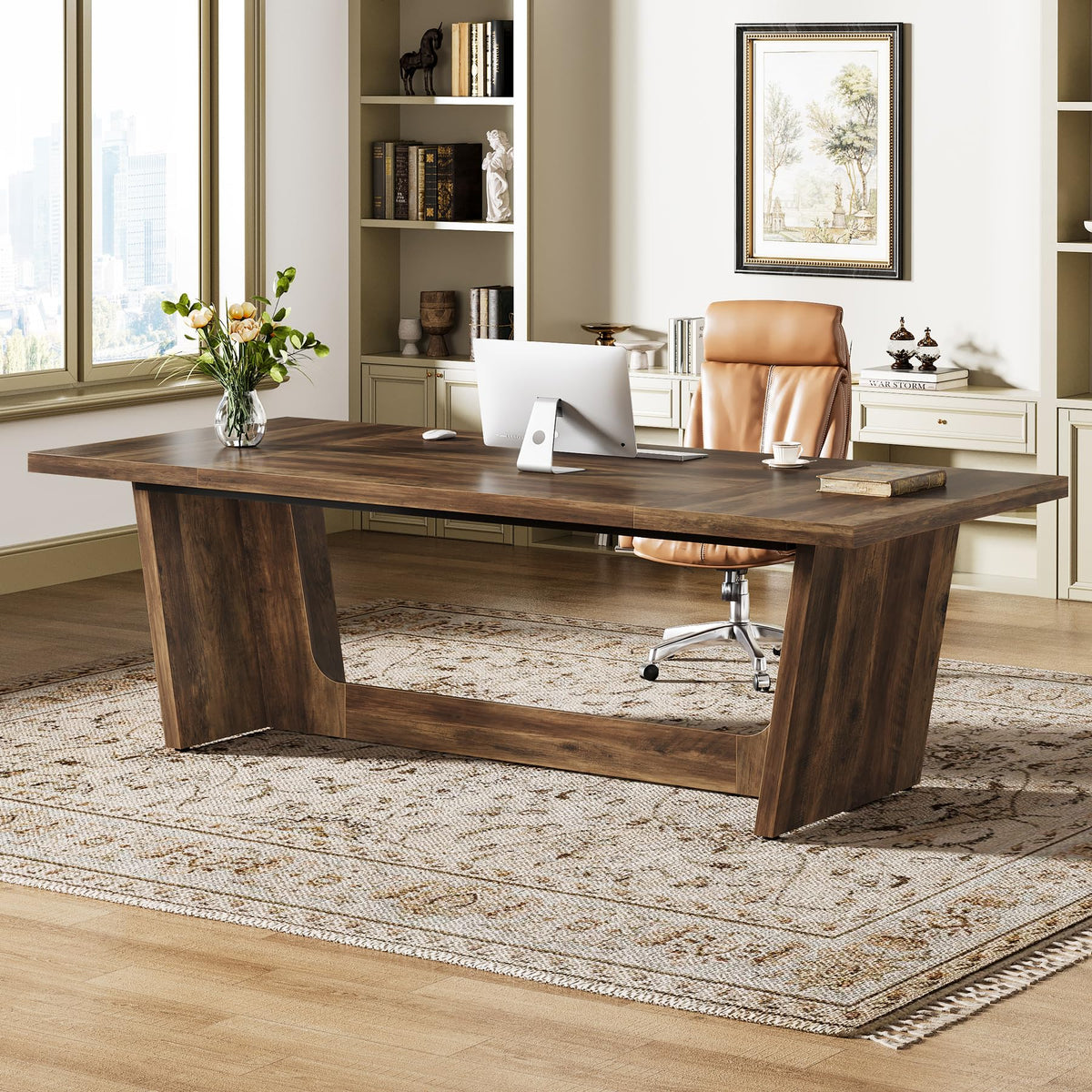 Tribesigns 70.87-Inch Executive Desk, Large Wood Desk for Home Office, Rustic Study Writing Table with Heavy-Duty Pedestal, Extra Long Business Workstation