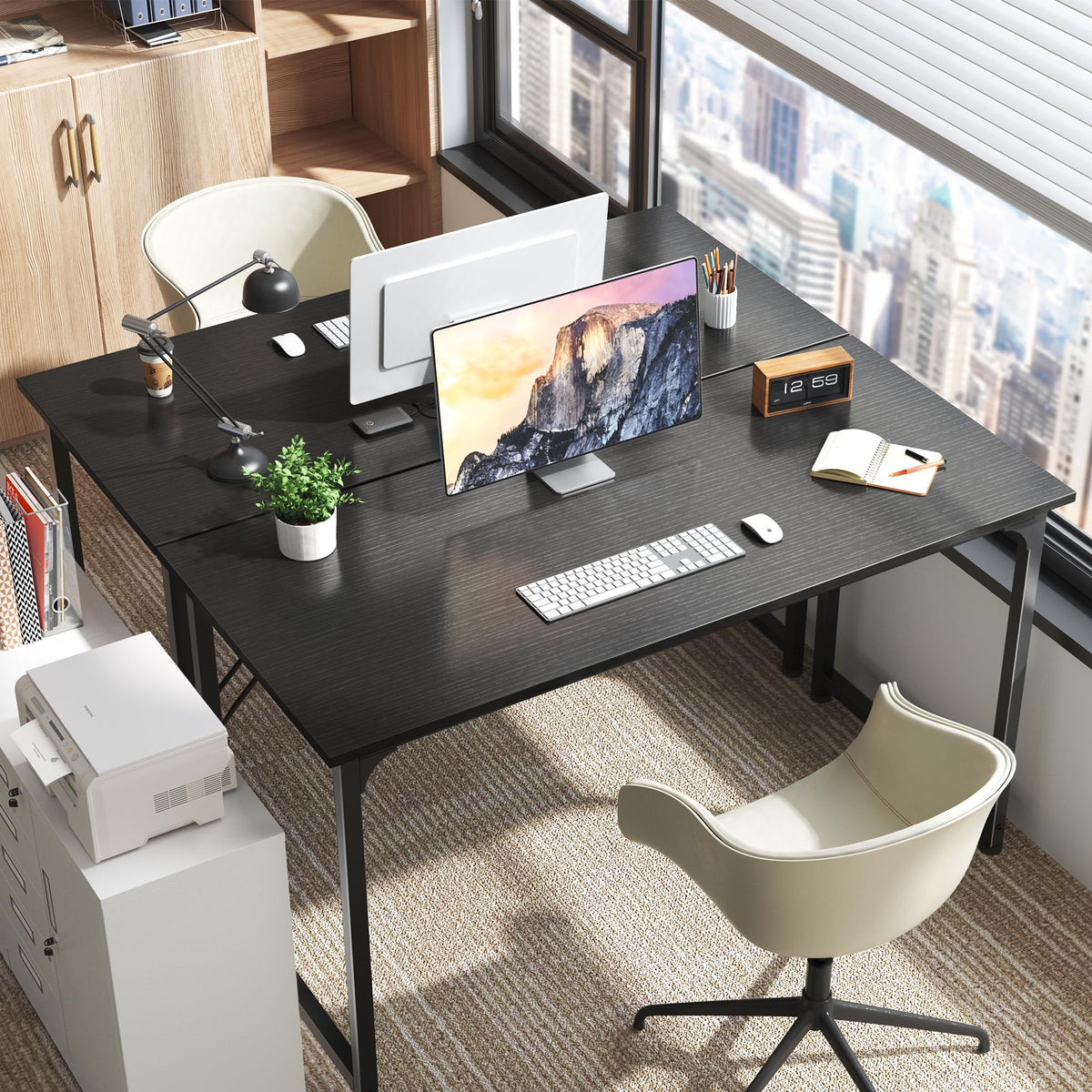 Huuger Computer Desk, 55 Inch Home Office Desk, Gaming Writing Work from Home Study Desk, Large Legroom, Sturdy Metal Frame, Modern Simple, Black