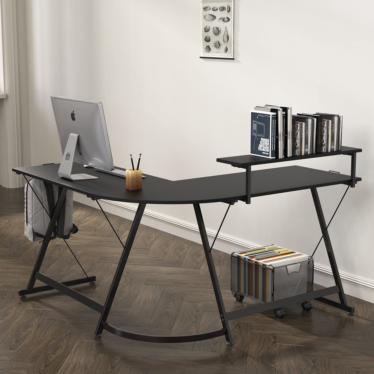 SHW 51 x 51 Inches Vista L-Shaped Desk with Monitor Stand and Drawer, Black