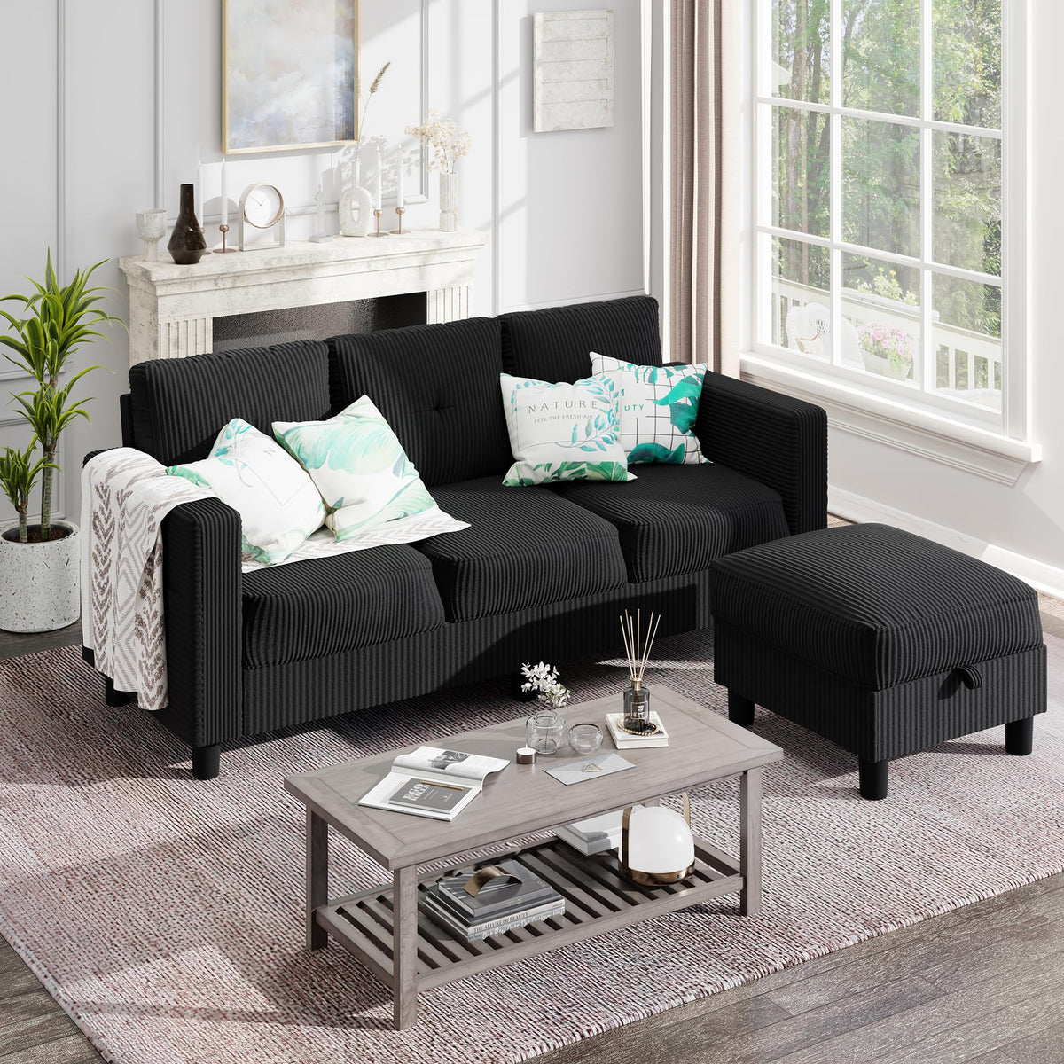 Shintenchi Modern Upholstered Sectional Sofa, L-Shaped Couch with Storage Ottoman and Reversible Chaise for Living Room, Black Corduroy Fabric