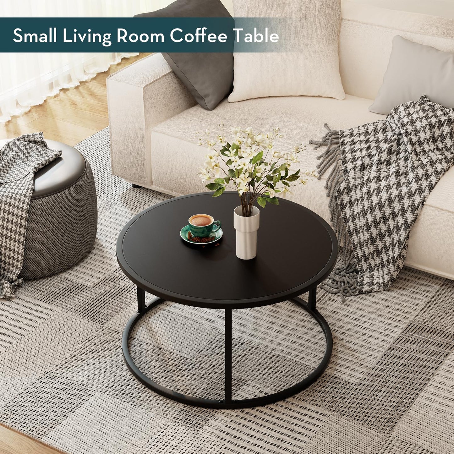 SAYGOER Small Round Coffee Table, Black Coffee Tables for Living Room, Modern Center Table for Small Space Home Office Gardern, 27.6 × 27.6 × 17.7inch, Black