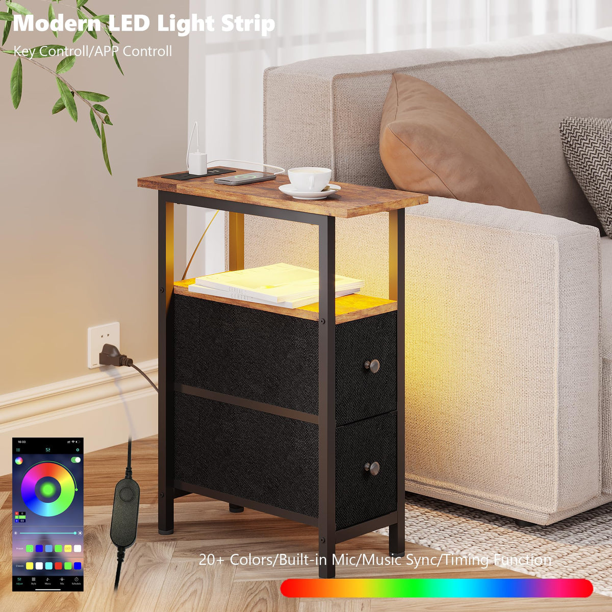 TRIFEBLE End Table with Charging Station, Narrow Side Table with 2 Fabric Drawers, Skinny Nightstand with LED Light, Slim Bedside Table for Bedroom, Living Room, Small Spaces, Rustic Brown and Black
