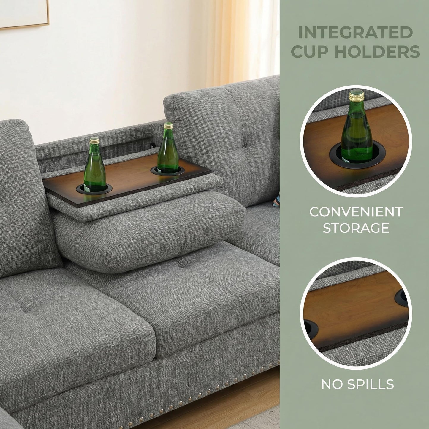 Trygoal 97" Linen 4-Seat L-Shaped Sectional Sofa with Movable Chaise & Storage Ottoman - 3-Piece Modular Convertible Couch for Living Room, Bedroom, Apartment & Office, Grey