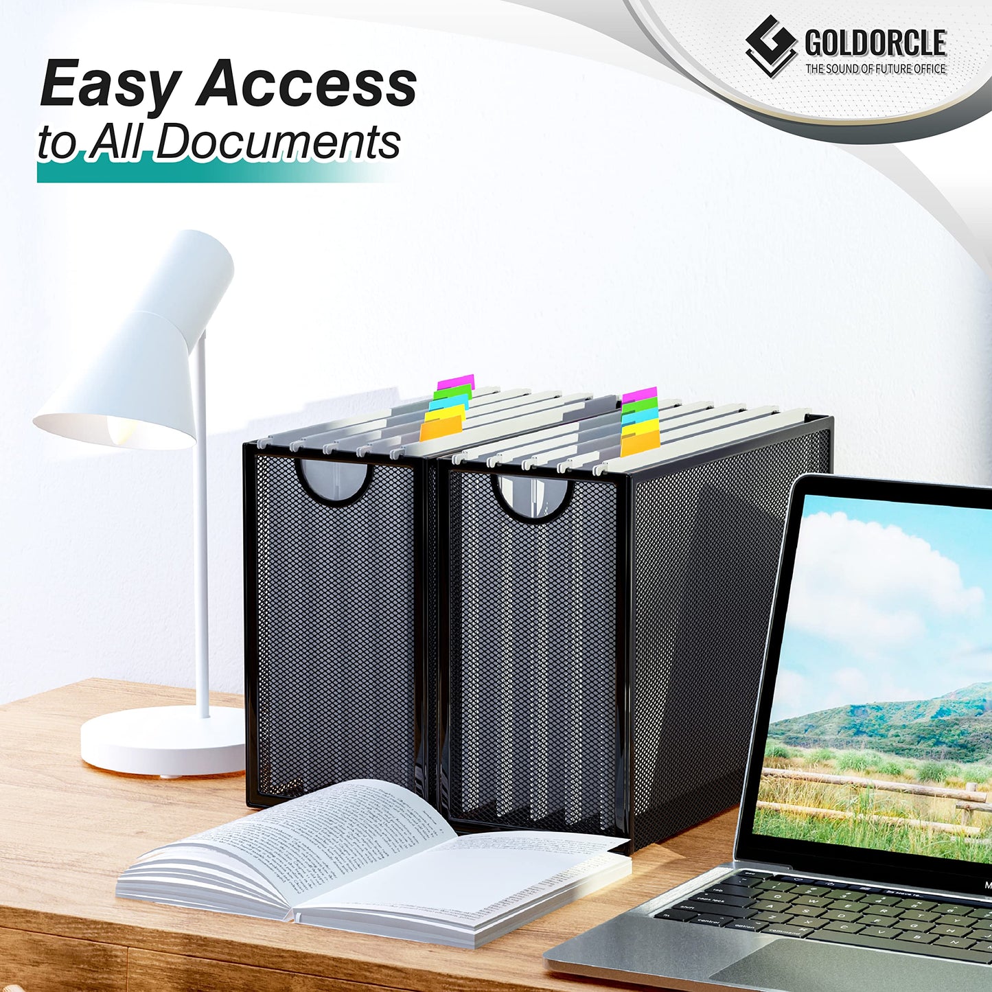GoldOrcle Hanging File Organizer, Letter-Size File Holder Filing Box with 5 Hanging Folders, Metal Mesh Desk File Folder Storage(No Assembly Required) (with 5 Grey Folders)