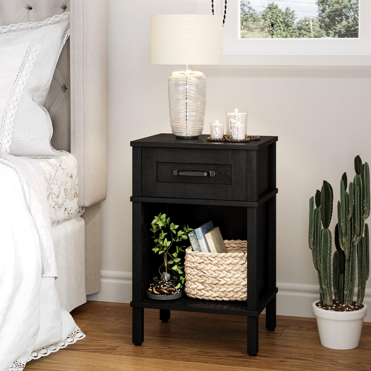 YAUKTAK Farmhouse Nightstand with Drawer, Small Wood Side Table, Wooden Bedroom Nightstand, Wood Night Stand, Black Bedside Table with Storage, Black End Table for Living Room LET512B