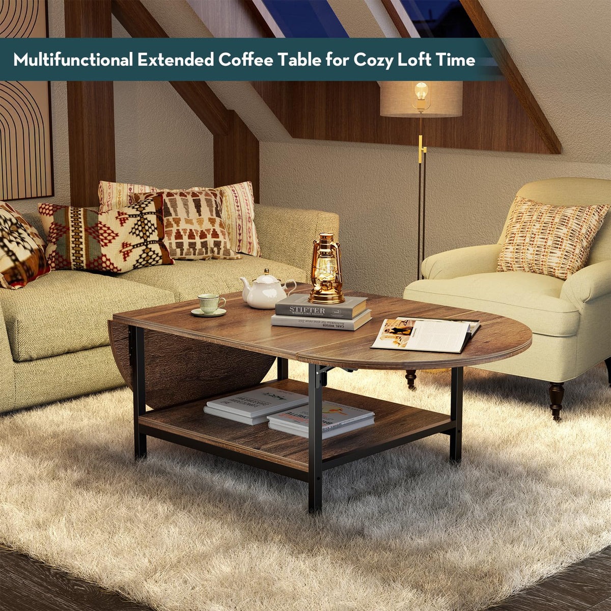 SAYGOER Folding Coffee Table for Living Room, Small Coffee Tables with 2-Tier Storage, Mid Century Modern Center Table for Small Space, Oval Farmhouse Table Square, Dark Brown