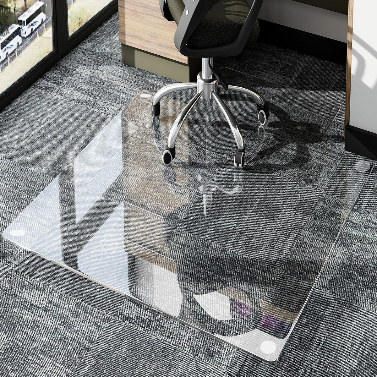 GLSLAND Irregular Tempered Glass Floor Mat - 45" x 53" Office Chair Mat for Carpet Clear Duty Hard Rolling Glass Mat 1/5" Thick for Hardwood Floor/Carpeted Floors, Clear