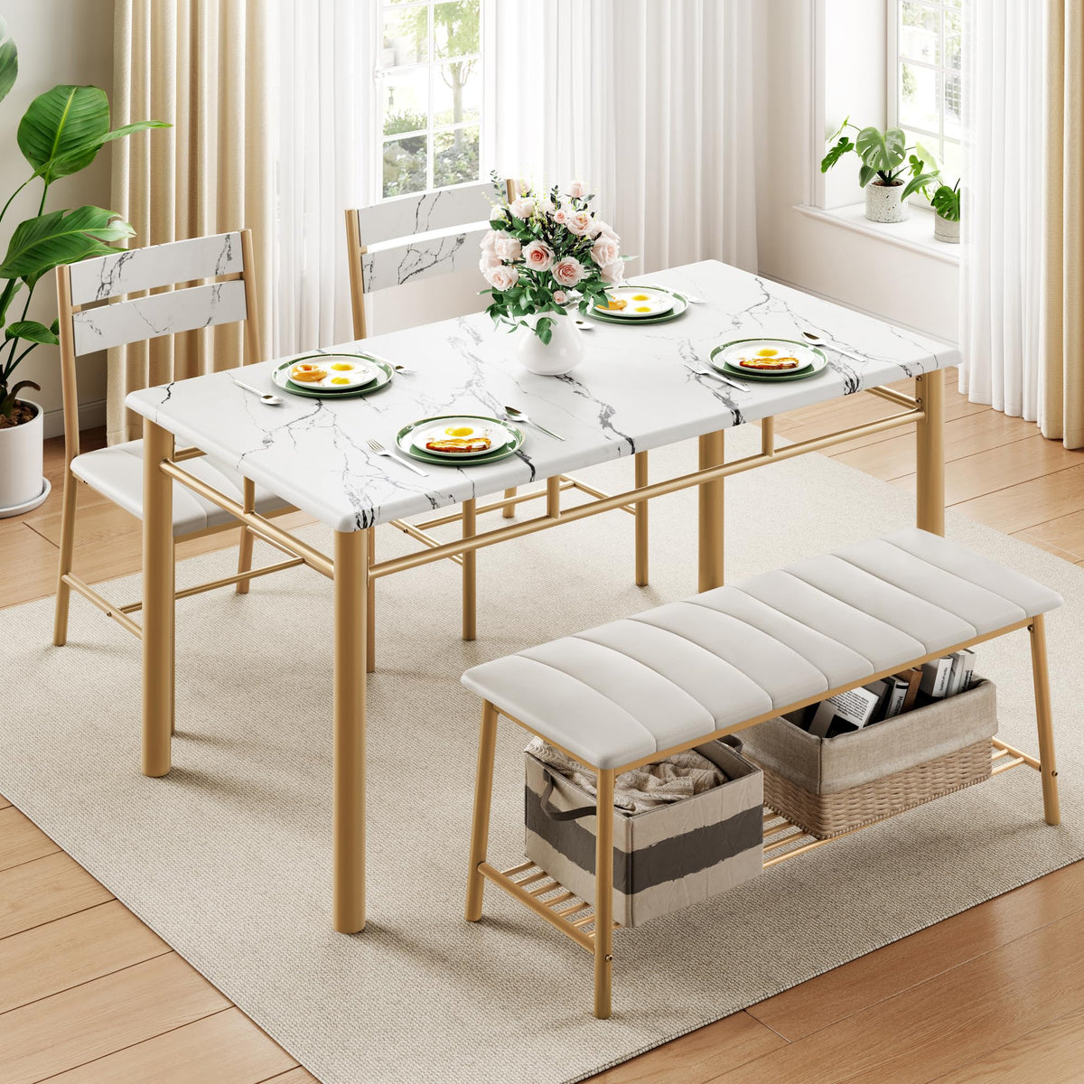 IRONCK Dining Table Set for 4, Kitchen Table with Upholstered Bench and 2 Chairs, Kitchen Table and Chairs Set for Small Space, Apartment, White & Gold
