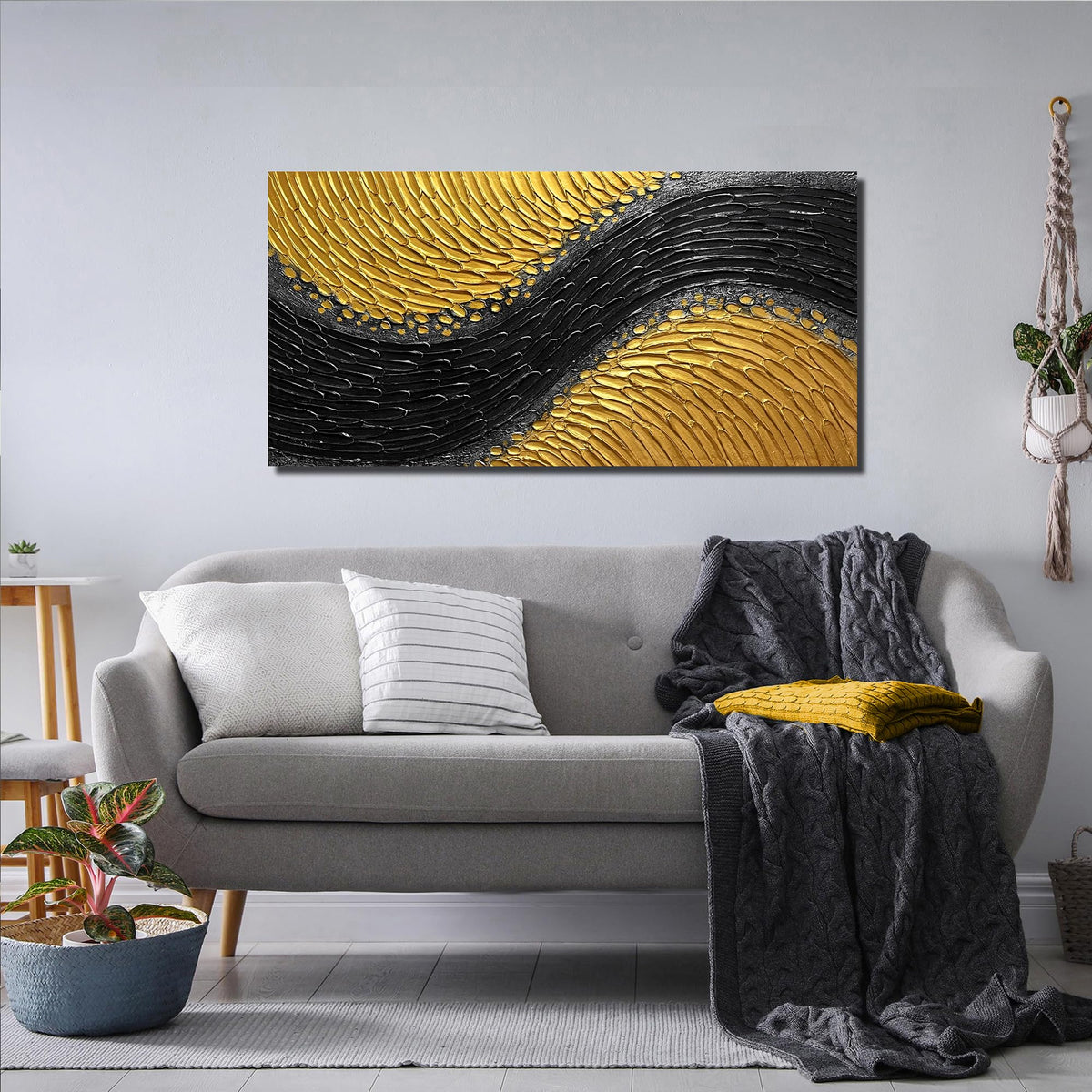 CPKATMT Abstract Painting Wall Art for Living Room Black and Gold Wall Art for Office 3D Textured Canvas Wall Decor for Bedroom Size 20 x 40 Inch
