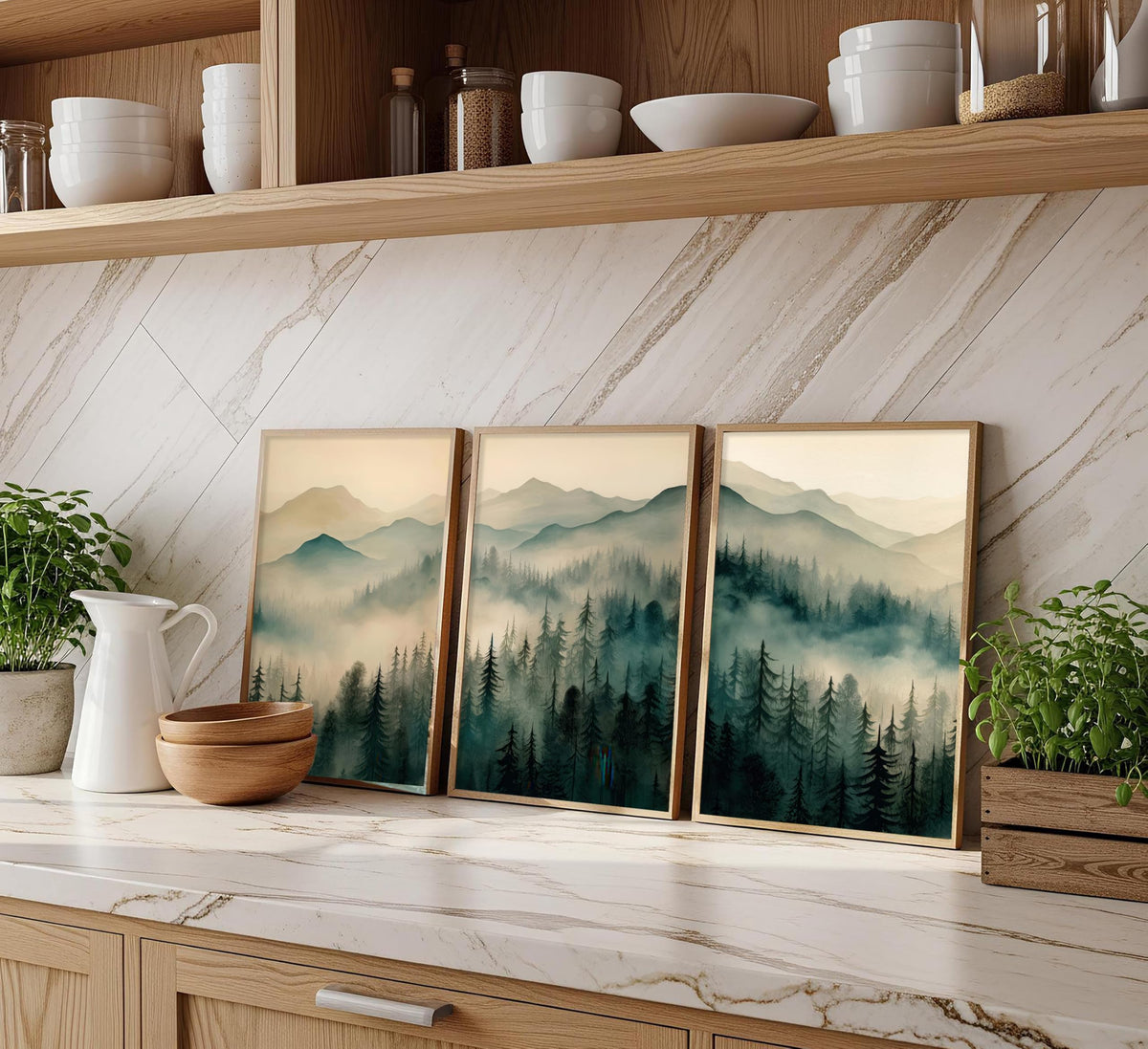 Framed Misty Mountain Forest Wall Art Set, Mordern Calming Pine Forest Oil Painting Canvas Prints, Smoky Mountain Landscape Wall Decor, Green Natural Scenery Poster for Living Room Bedroom Office