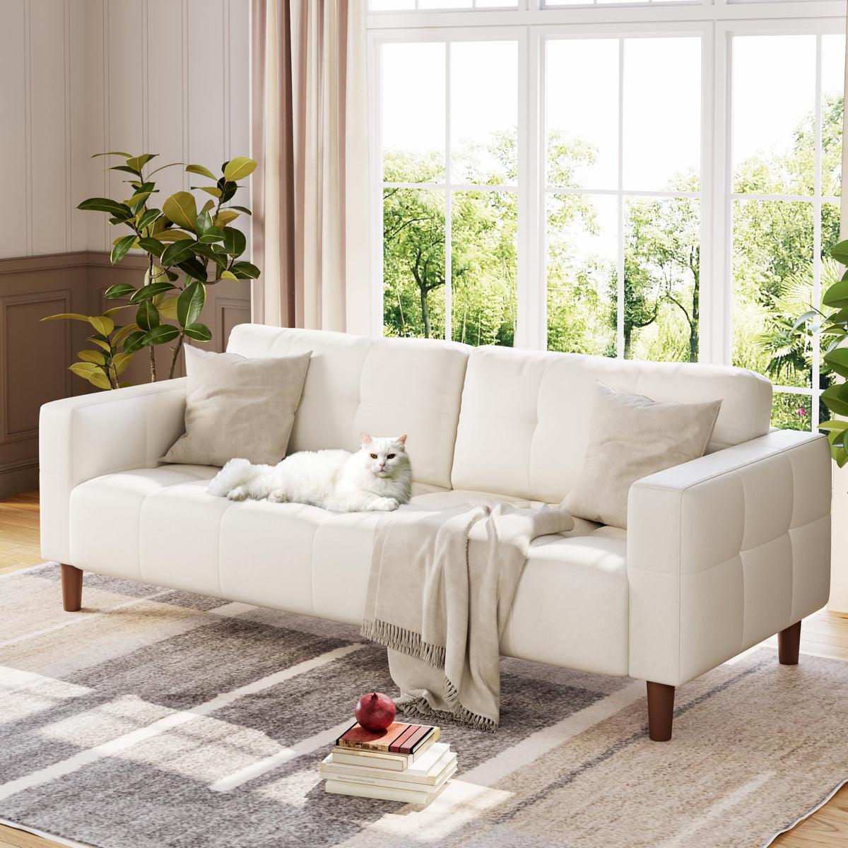 IDEALHOUSE 83” Beige Faux Leather Couch, 3 Seater Sofa Couches with 2 Removable Back Cushions for Living Room, Large Mid Century Modern Office Apartment Couch (Beige)