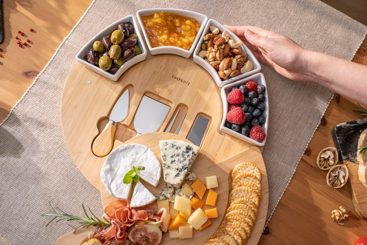 ChefSofi Charcuterie Board Set and Cheese Serving Platter - Made from Bamboo Wood - US Patented 13 inch Cheese Board and Knife Set for Entertaining and Serving - 4 Knives and 4 Bowls