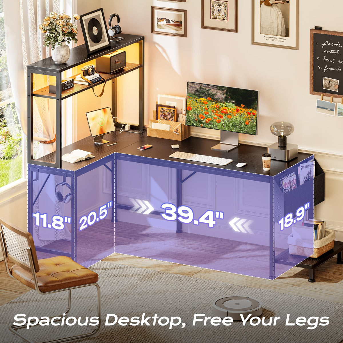 PRAISUN 51.2" L Shaped Gaming Desk with Power Outlets & USB-C Port, LED Lights, Computer Desk with Pegboard, Corner Desk with Storage Shelves & Bag, Office Desk with CPU Stand for Home Office, Black