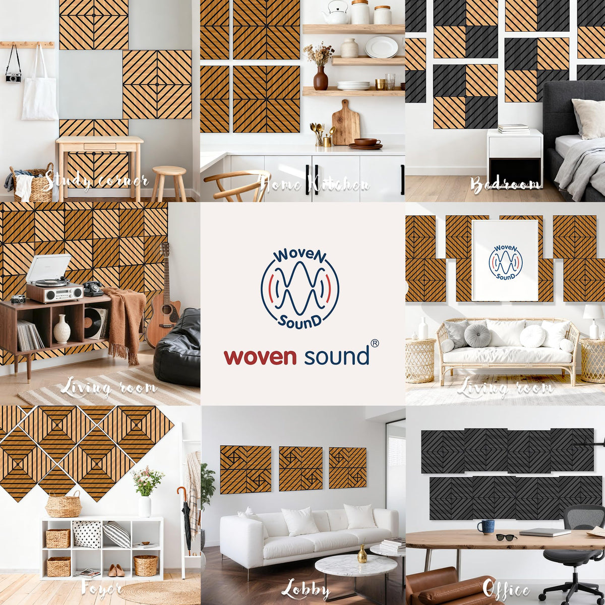 WoveN SounD Artisan Acoustic Wall Panels, 16 Pack 12x12 Inch, PVC Wood Grain Carved Sound Proof Wall Decor, Self-Adhesive for Home, Studio, Office & Focus Zones, Twill Pattern, Teak