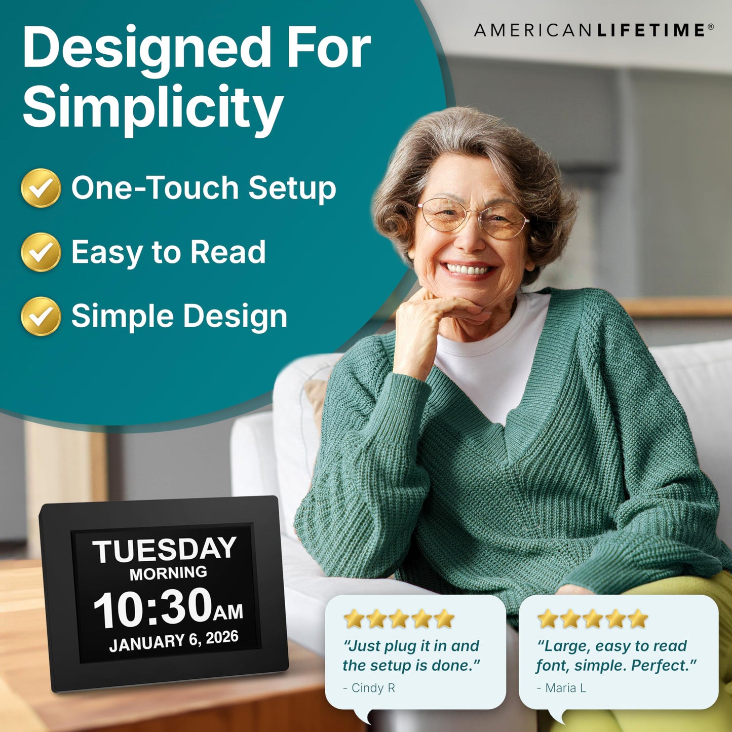 American Lifetime Large Digital Clock for Seniors, Black, 8 inch, with Day & Date, Customizable Alarms, Auto-Dimming, Multi-Language Support, Battery Backup, Easy Setup, and Gift Option
