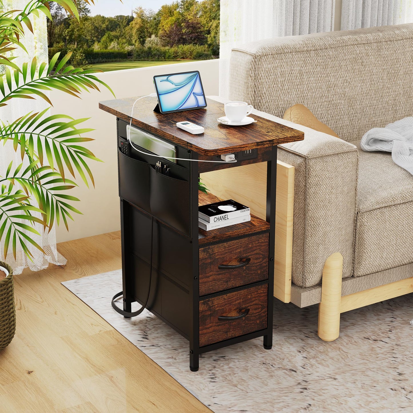 Yenlure Small Side Table with Charging Station, Narrow Nightstand Bedside Tables with Storage Pocket for Living Room Bedroom, Sofa End Table with USB Ports and Power Outlets for Small Spaces