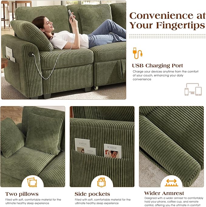 Ihanherry 59-inch Corduroy Convertible Sofa Bed